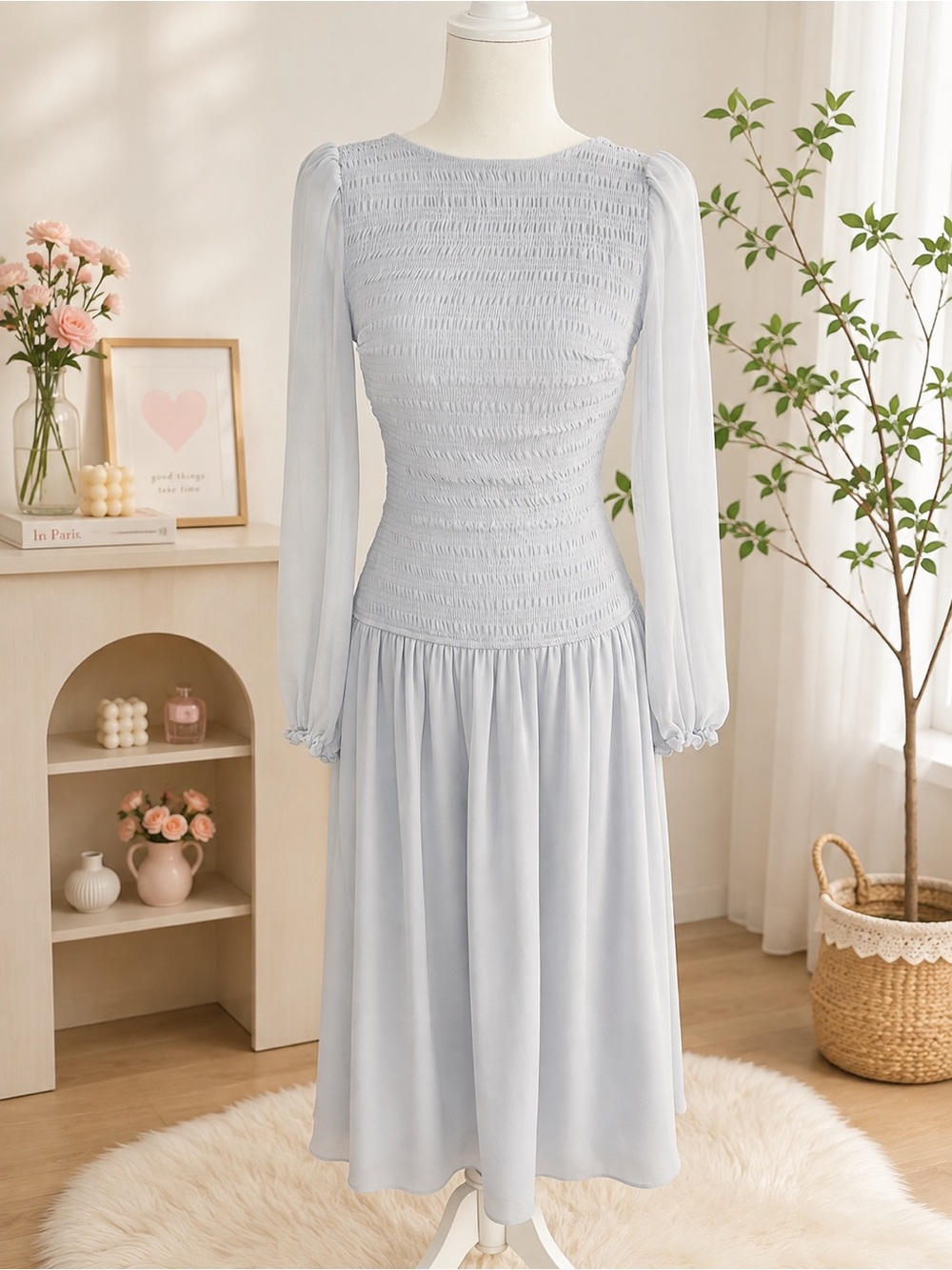Aritzia Wilfred Smocked Chiffon Long Sleeve Dress 2XS blue-gray
